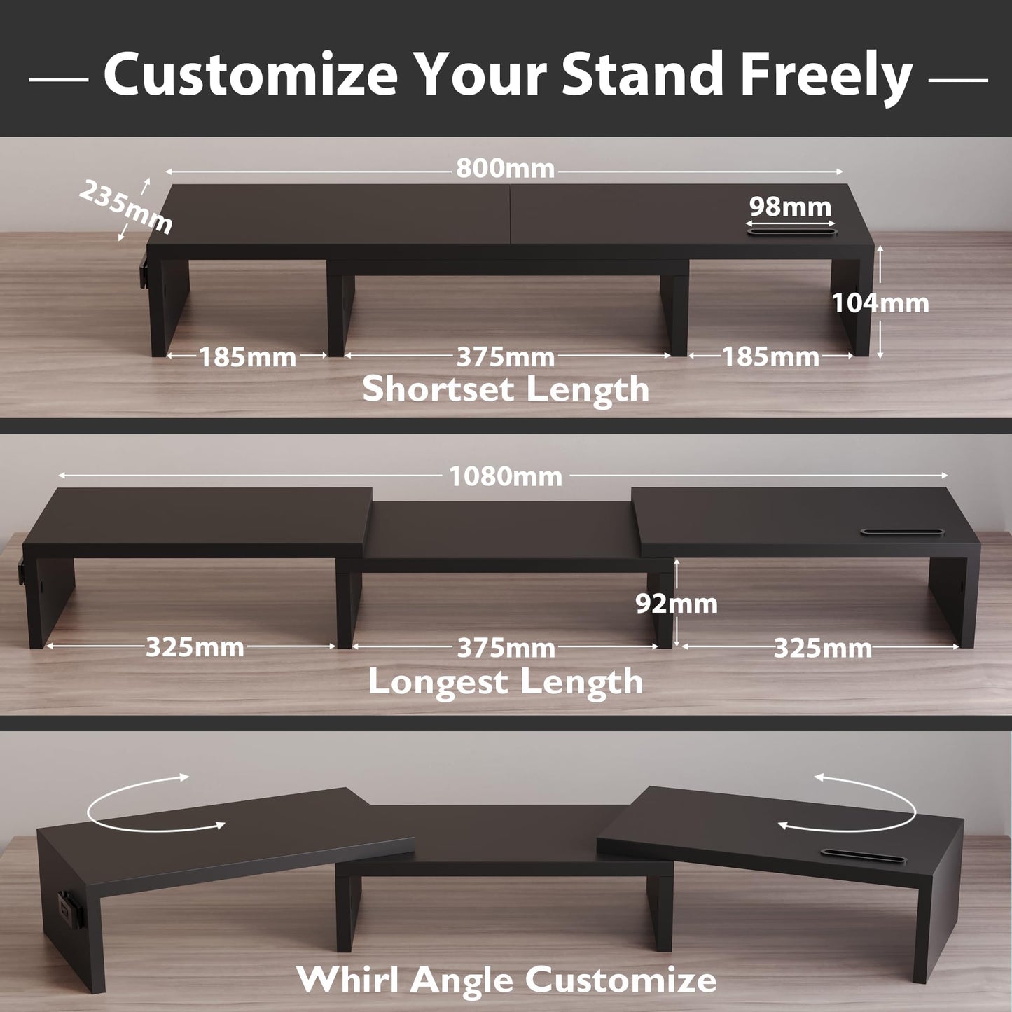 BONTEC Dual Monitor Stand Riser, Desktop Monitorständer mit Smartphone-Halter, Verstellbare Länge und Schwenkwinkel Holz Desktop Organizer, für PC Monitor Laptop Drucker