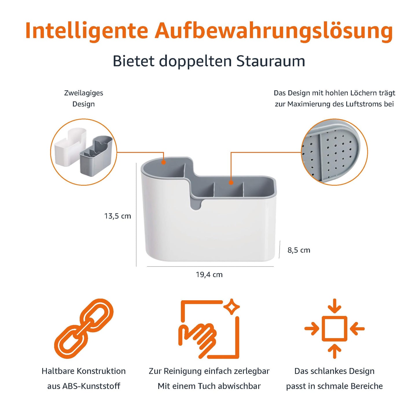Amazon Basics – Halterung für Besteck und Utensilien, Verwendung auf der Arbeitsfläche oder Wandmontage, Weiß/Grau