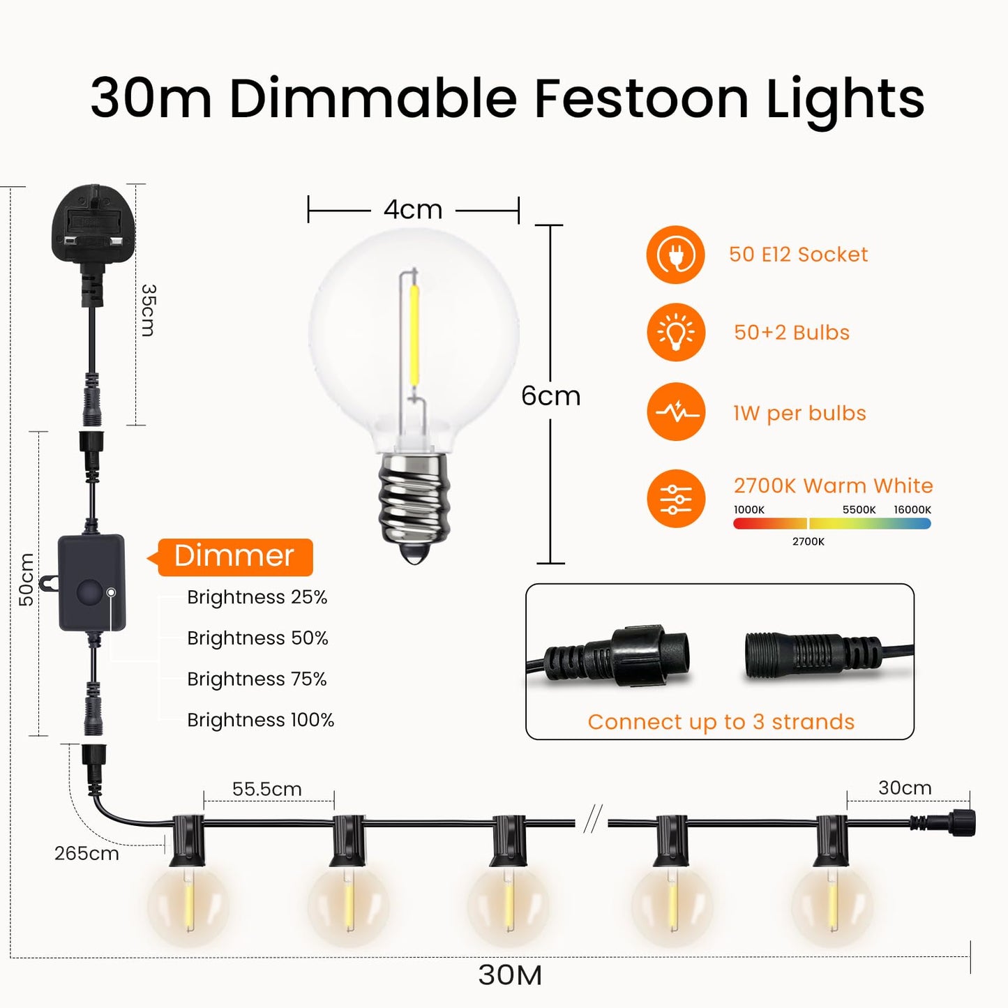 Svater Lichterkette Außen Dimmbar 30m,G40 LED Lichterkette Glühbirnen Außen 52 Plastik Birnen Wasserdicht IP45,Timer Verlinkbar für Outdoor, Terrasse,Bäume,Party Deko, 2700K Warmes Weiß