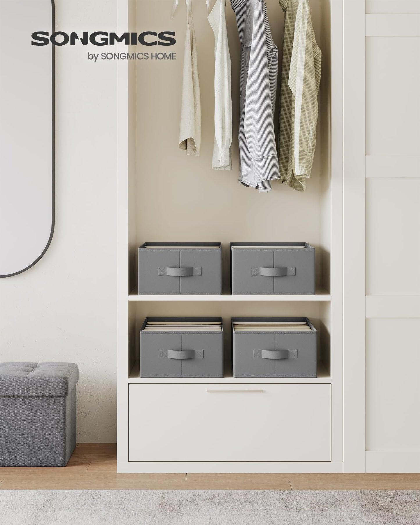 SONGMICS Kleiderschrank-Organizer 4er Set, Aufbewahrungsbox 6 Fächer, Schubladen-Ordnungssystem, Ordnungsboxen faltbar, 42 x 30 x 17 cm, für Hosen, Kleidung, taubengrau RUS009G04
