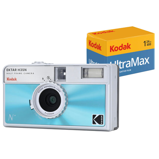 KODAK EKTAR H35N Halbformat-Filmkamera-Set mit Kodak Ultramax 400/24EXP 35 mm Rollfilm (Blau glasiert)