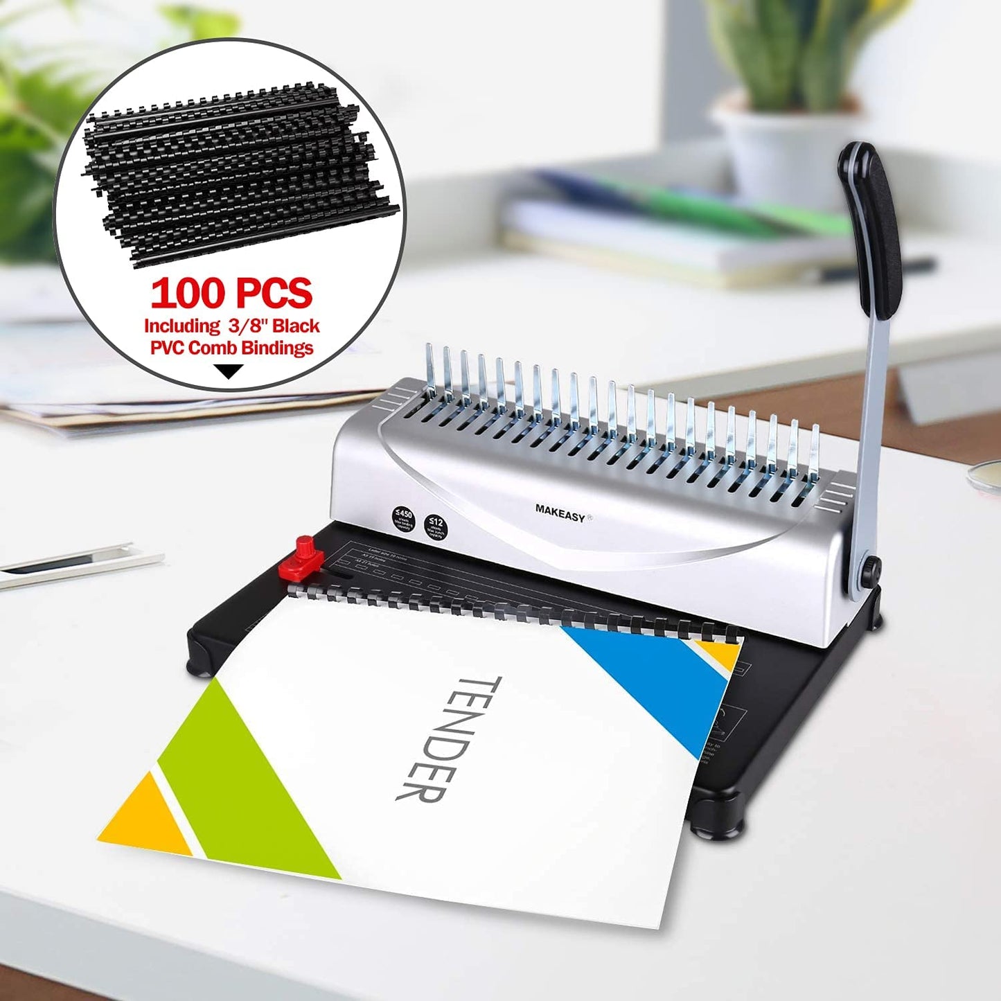 MAKEASY Bindegerät, Bindemaschine, 21 Löcher, bindet 450 Blatt, 12 Blatt Stanzkapazität, mit Starterkit 100 Stück PVC Bindung Stacheln, ideal für tägliche Office-Dokumente