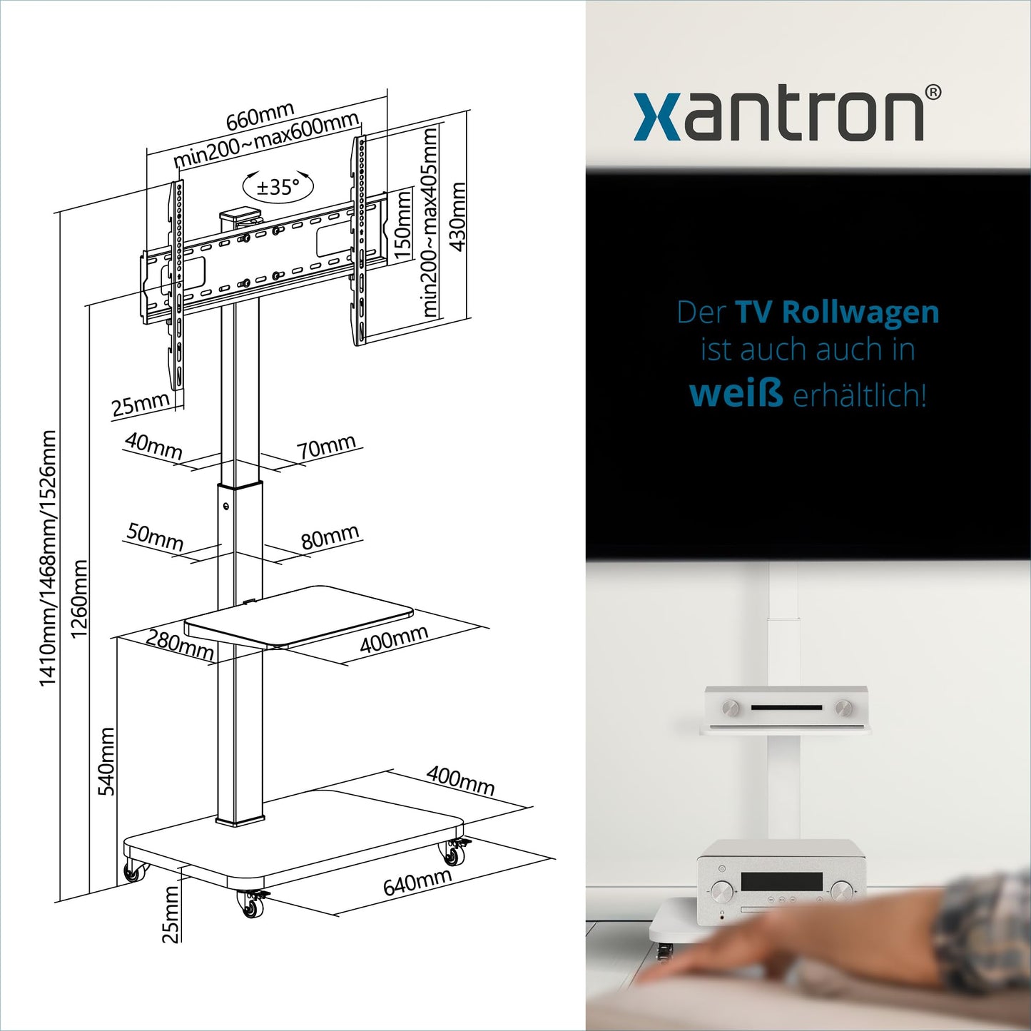 Xantron® TV Ständer Rollbar Höhenverstellbar für TVs bis 75 Zoll [mit Ablagefläche] Fernsehständer mit Rollen/Fernseher Bodenständer/Fernseher Halterung stehend/TV Rollwagen