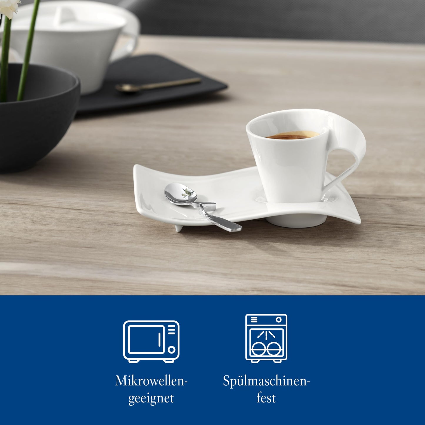 Villeroy & Boch – Newwave Caffè Cappuccino Tassen Set, Spülmaschinenfest, Mikrowellensicher, Cappuccinotassen, Kaffee Geschirr Set, Tasse, Untertasse, Löffel, Premium Porzellan, Edelstahl
