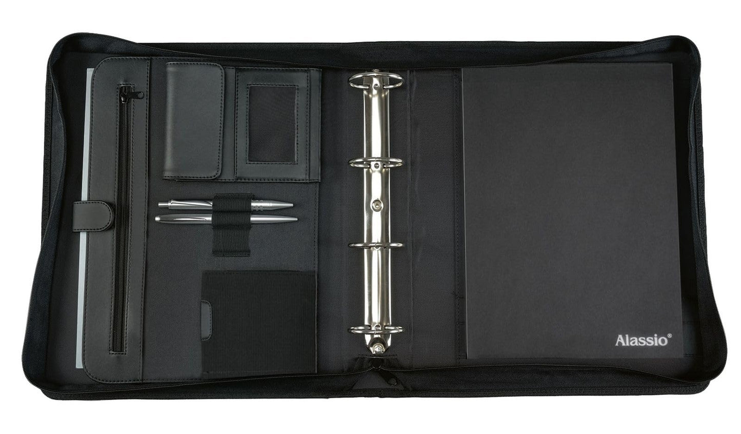 ALASSIO 30025 Tagungsmappe A4 Arezzo, Konferenzmappe mit Ringmechanik, Multifunktionstasche, Dokumententasche, Geschäftstasche aus FINEtouch-Lederimitat, Businesstasche schwarz ca. 36 × 30 × 6 cm