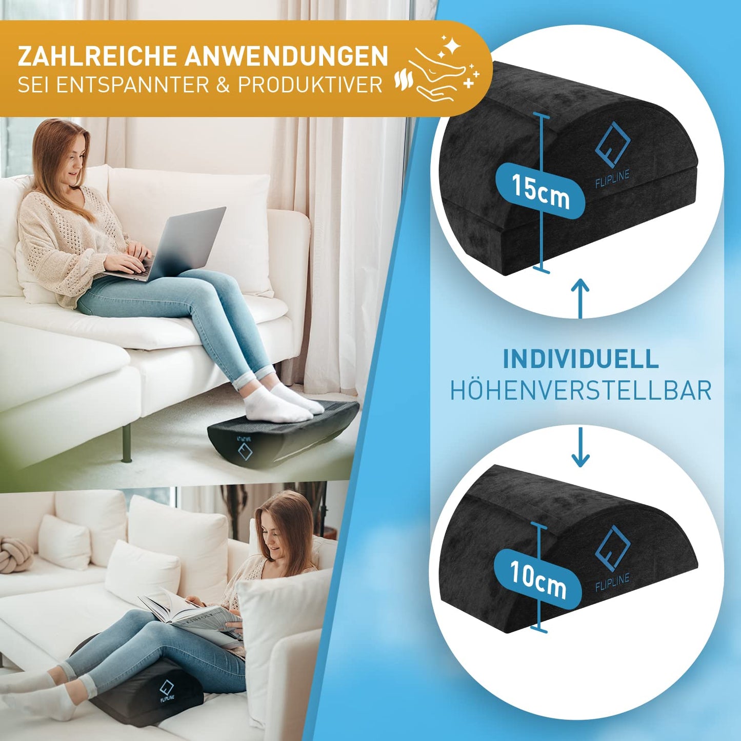 FLIPLINE Fußstütze Schreibtisch - [TEST SEHR GUT] - Höhenverstellbare Fußbank [rutschfest] - mit Flauschfaser Fußtasche - für Schreibtisch Büro Homeoffice Zubehör - Fußkissen Footrest Fußhocker