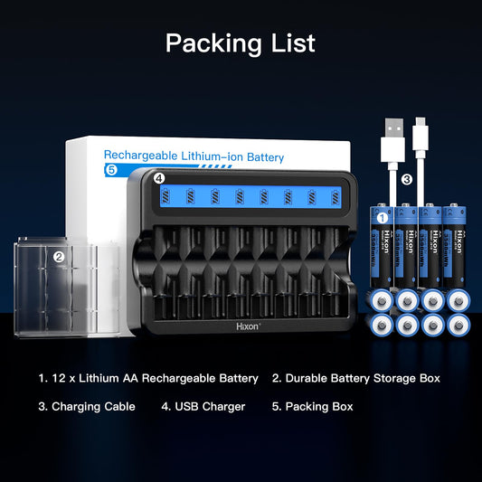Hixon Wiederaufladbare AA Lithium Akku, 12er-Pack mit 8-Slot Schnellladegerät, Langlebige 3500mWh 1,5V Lithium AA Batterie, Hoher Entladerate Lithium Batterien AA