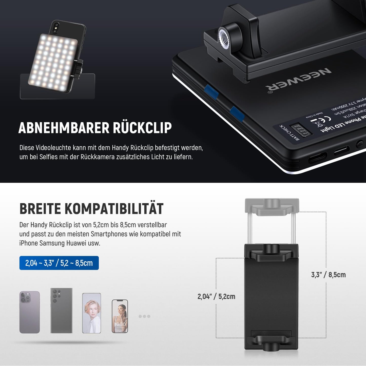 NEEWER Basic Clip On Selfie Licht kompatibel mit iPhone, 2000mAh wiederaufladbares LED Videolicht mit Handy Clamp für Computer Webcam, Laptop, Zoom Videokonferenzen, Make up Fotografie, NL-60AI