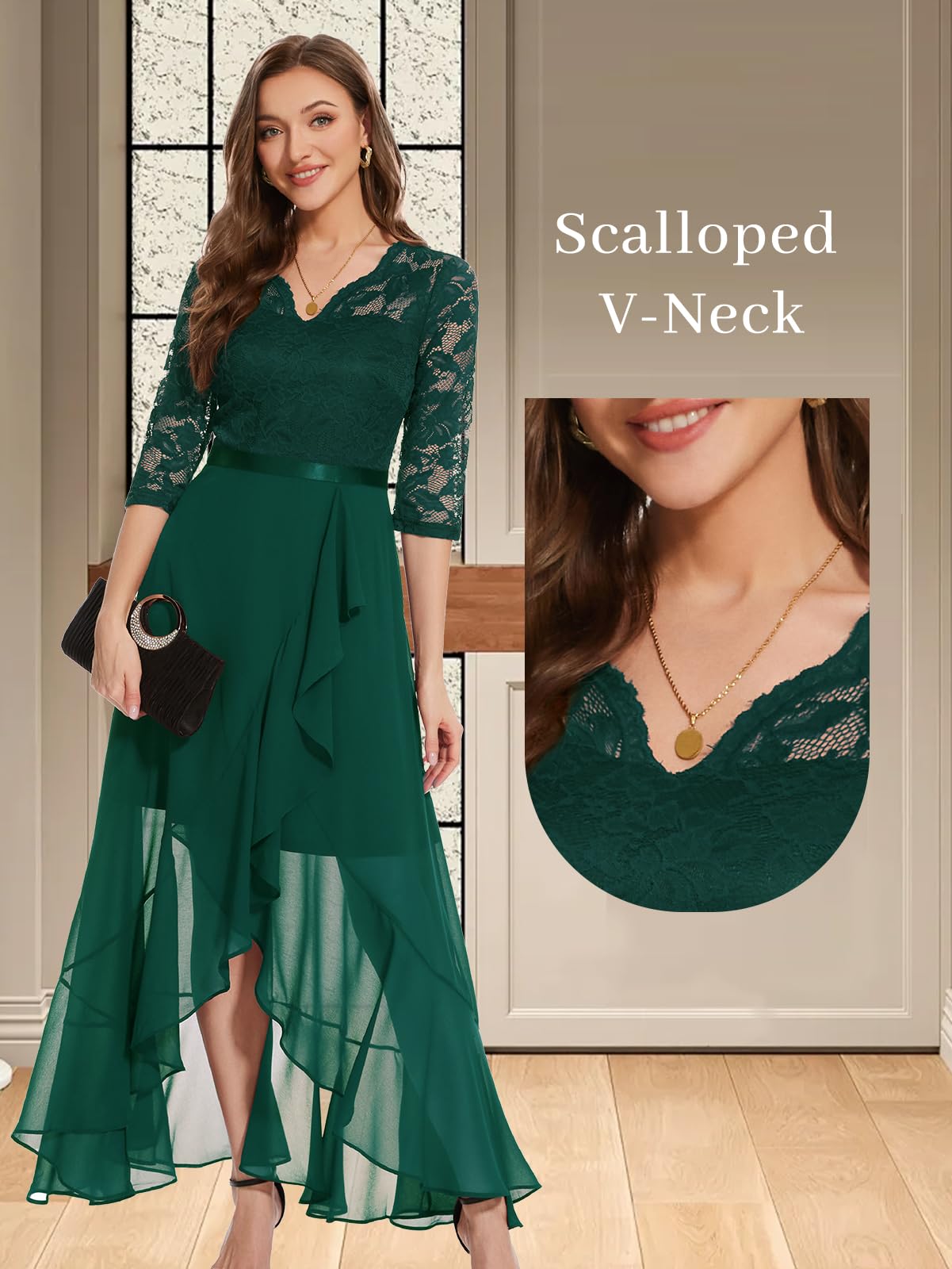 Bbonlinedress Abendkleider Langarm elegant Damen Winterkleid Spitze Chiffon V-Ausschnitt Brautjunferkleid Party Abschlusskleid Ballkleid festliches Weihnachtskleid Dark Green XL