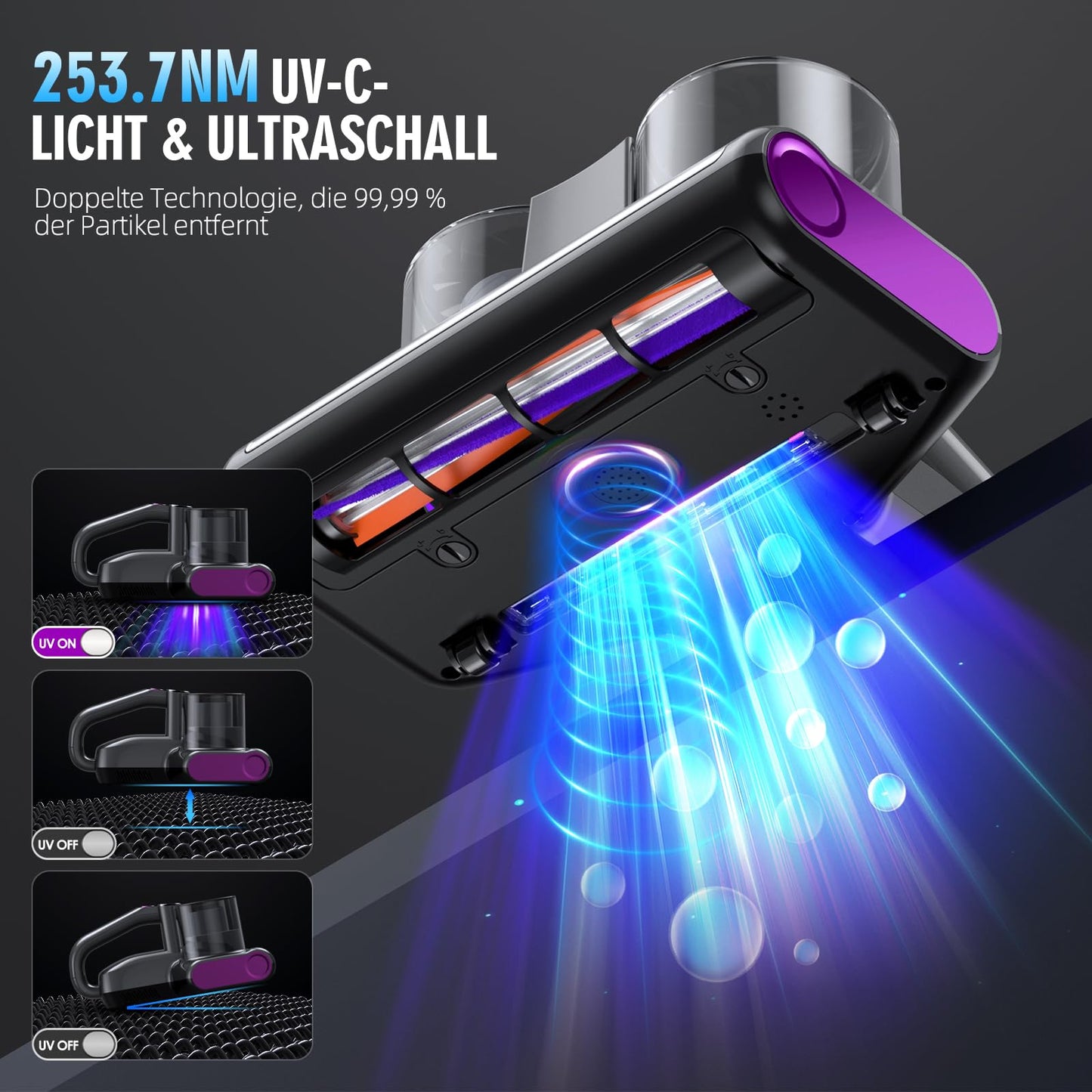 JPHYLL Milbensauger für Matratzen Milbenstaubsauger mit UV-C Licht 16Kpa Absaugung Matratzenreiniger HEPA Filter Ultraschall Hitze Bürstenrolle Technologien Matratzensauger Polstersauger 500W Kabel