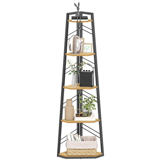 DWVO Eckregal 5 Ebenen Eichenfarbe, Industrielles Leiterregal mit Metallrahmen für Wohnzimmer, Küche und Schlafzimmer