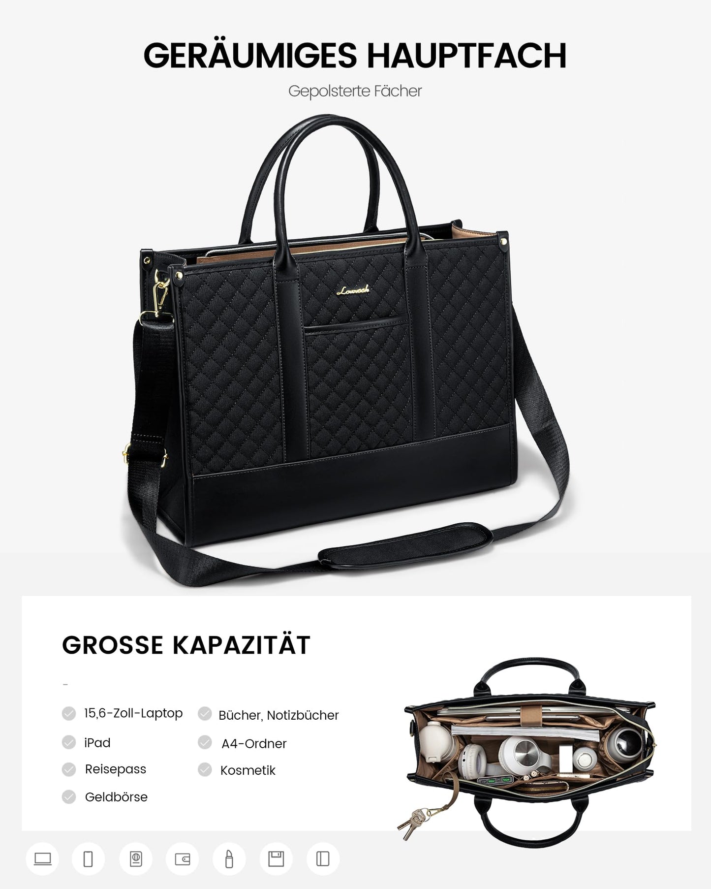 LOVEVOOK Laptoptasche Damen 15,6 Zoll, Wasserdicht Arbeitstasche Handtasche Groß Schultasche Shopper Business Tasche Aktentasche Lehrertasche, Leder Tote Bag Notebooktasche für Büro Uni Schwarz