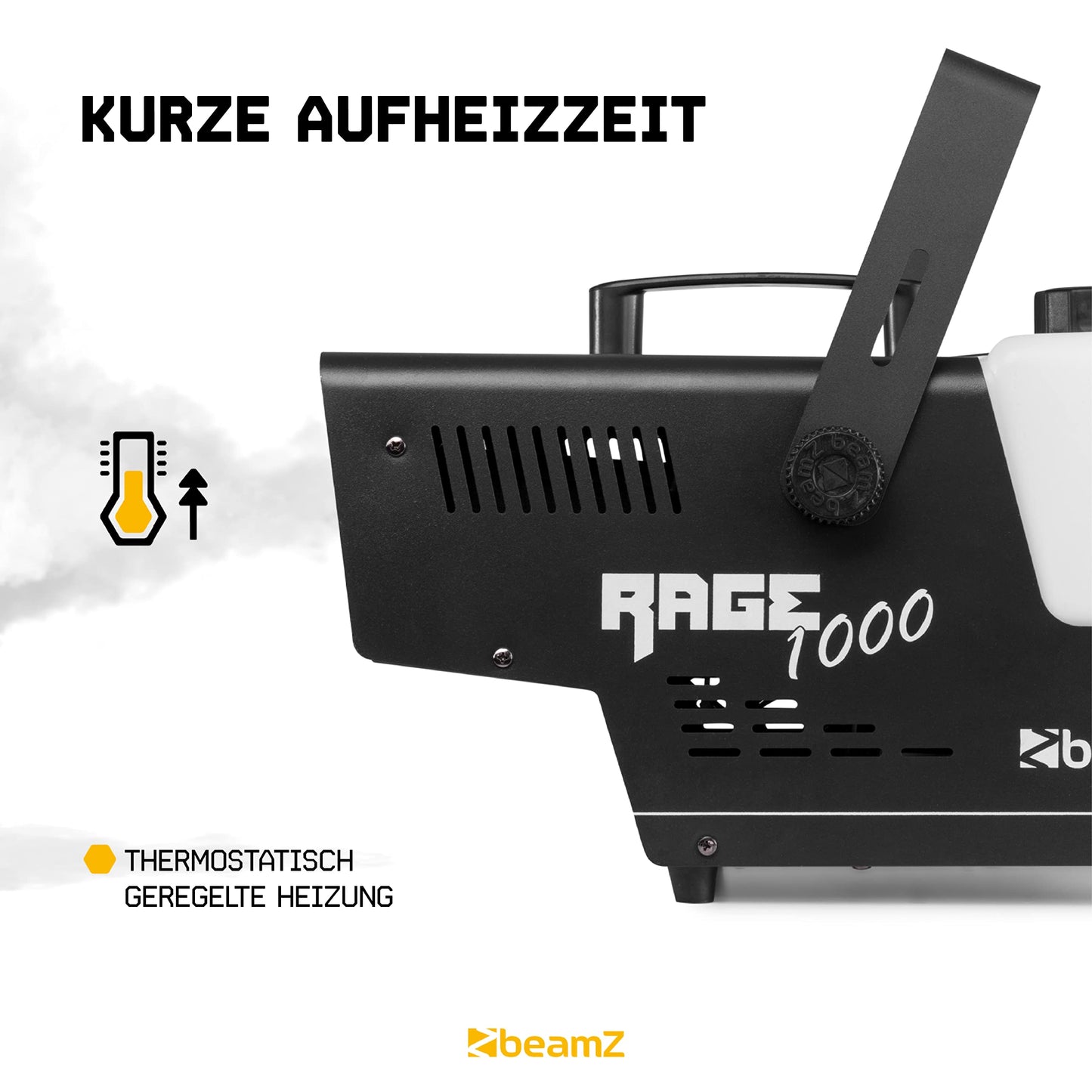 BeamZ RAGE1000 Nebelmaschine mit Lichteffekt, 1000 Watt, Fogger, Rauchmaschine, Fog Machine, Funkfernbedienung, Timer DMX, 2 Liter Tank, Disco Partynebel für DJs auf Veranstaltungen