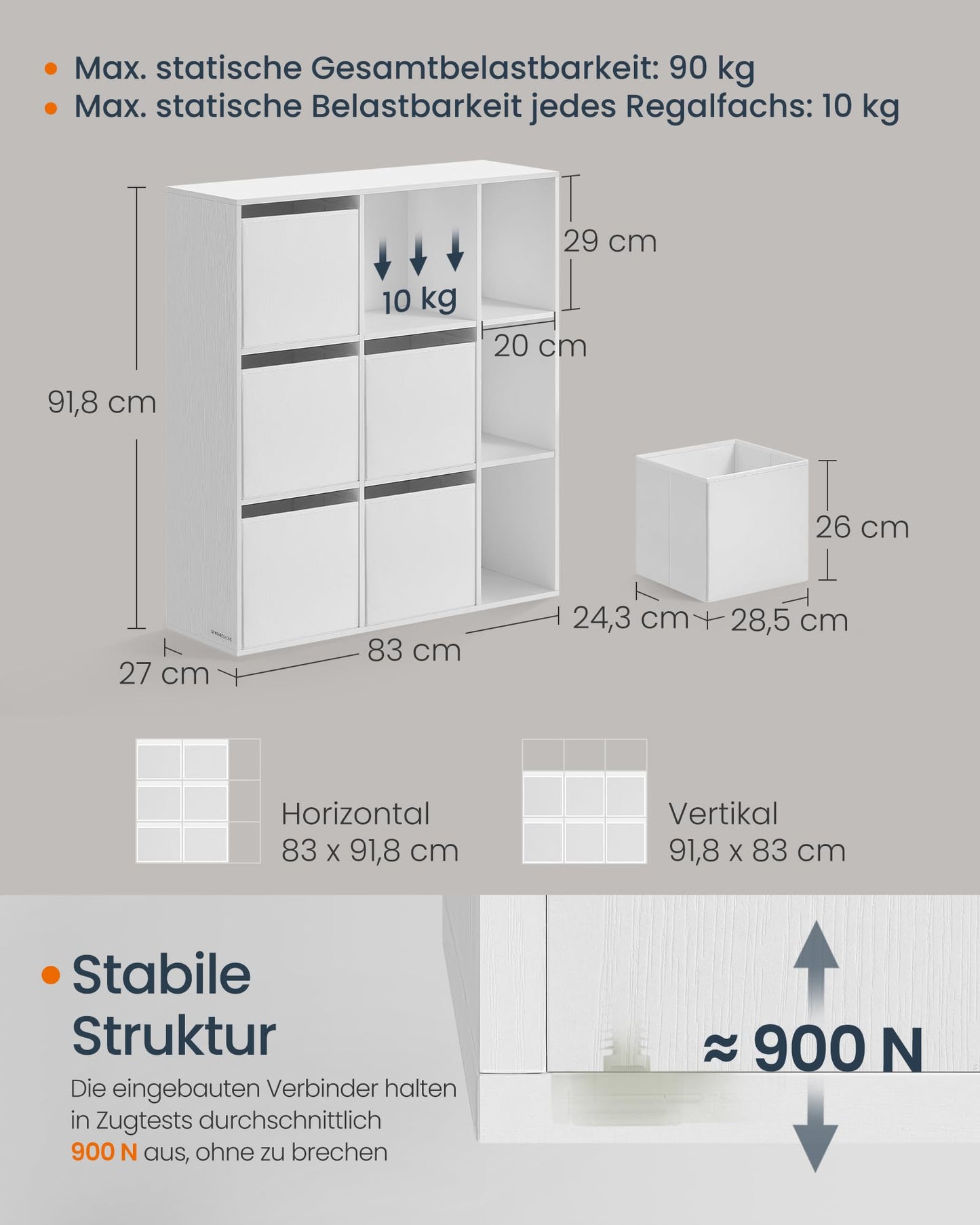 SONGMICS HOME 9-Fächer-Bücherregal, Schneeweiß, Werkzeugloses Würfelregal mit 6 Stoffschubladen, Flexibler Organizer für Wohnzimmer und Büro