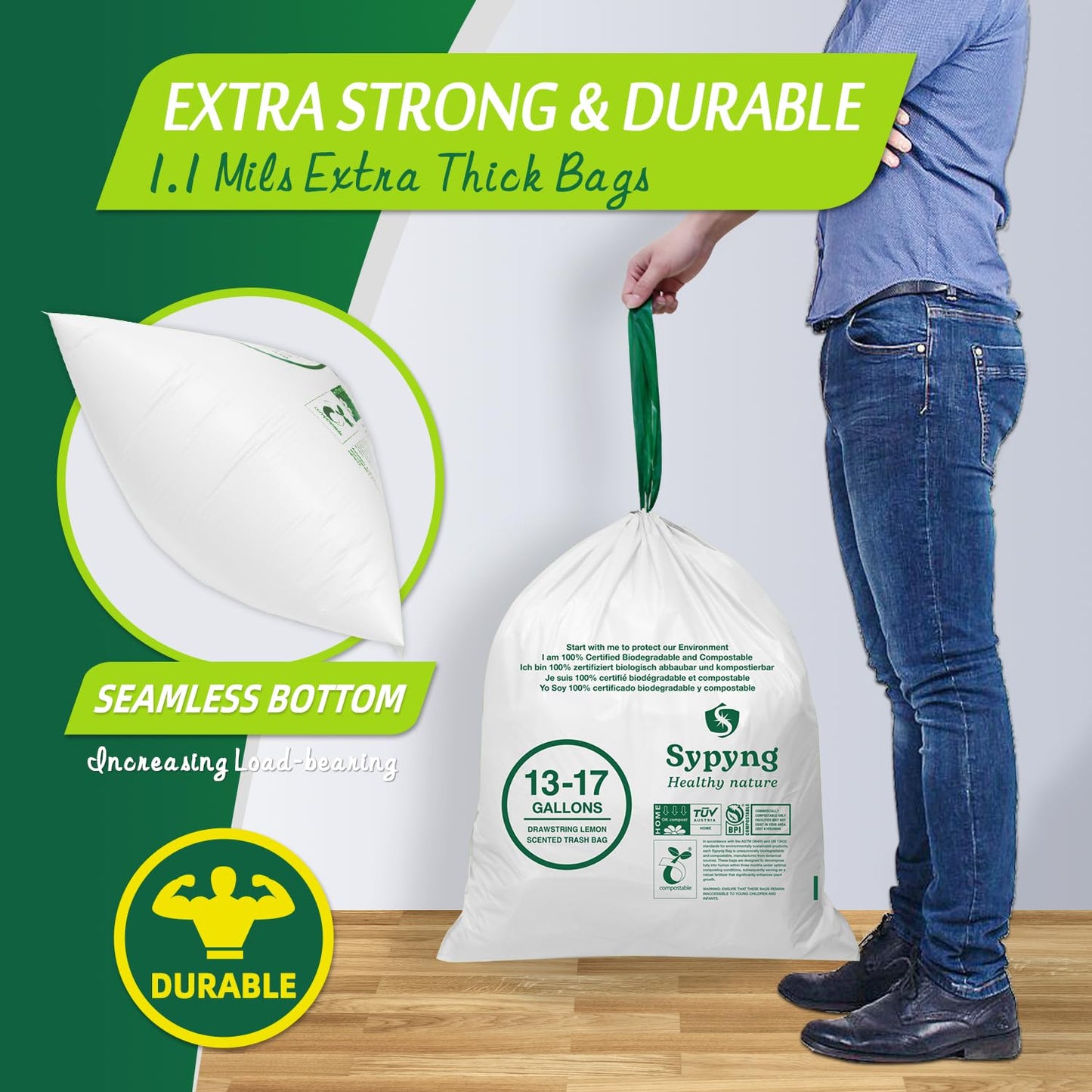 Müllbeutel kompostierbare, 100% Bioabfallbeutel mit Zitrone Duft mit Kordelzug, umweltfreundlich,50 Stück/Rolle, 50-65l (636 x 736 cm), extra dick:1,1 mm, Kompost Home zertifiziert EN13432