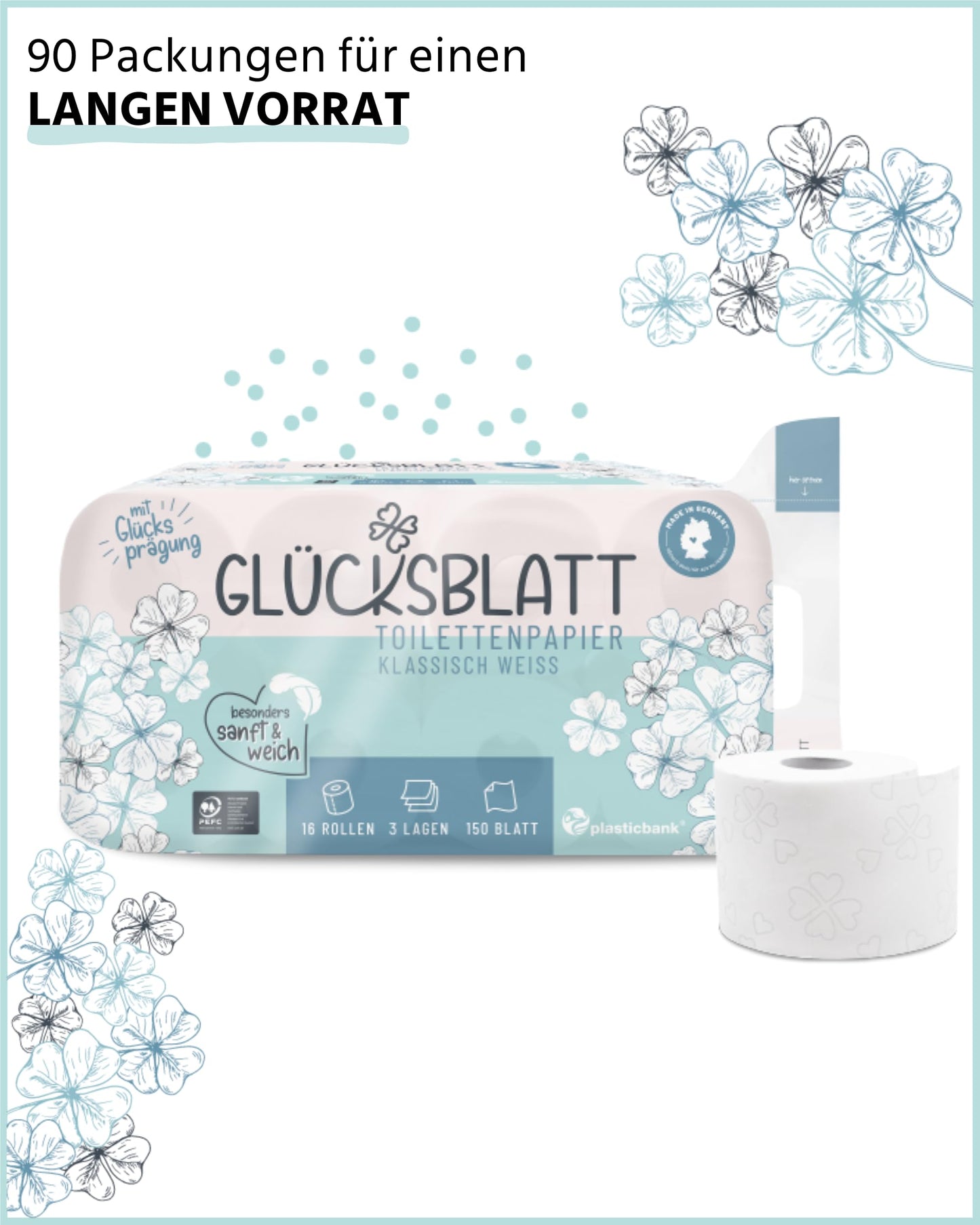 Glücksblatt Toilettenpapier KLASSISCH WEISS, 3-lagig, 720 Rollen x 150 Blatt, 100% Zellstoff, weiches Klopapier mit Glücks-Prägung, WC Papier, Palette, Verpackung aus mind. 30% PCR-Anteil