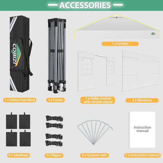 COBIZI Pavillon 3x3m Wasserdicht Stabil Winterfest Faltpavillon Partyzelt Gartenpavillon Pop Up Pavillon Klappbar Zelt mit 4 Seitenwnden Belüftungsöffnungen, Sandsack für Markt, Freien Event,Weiß