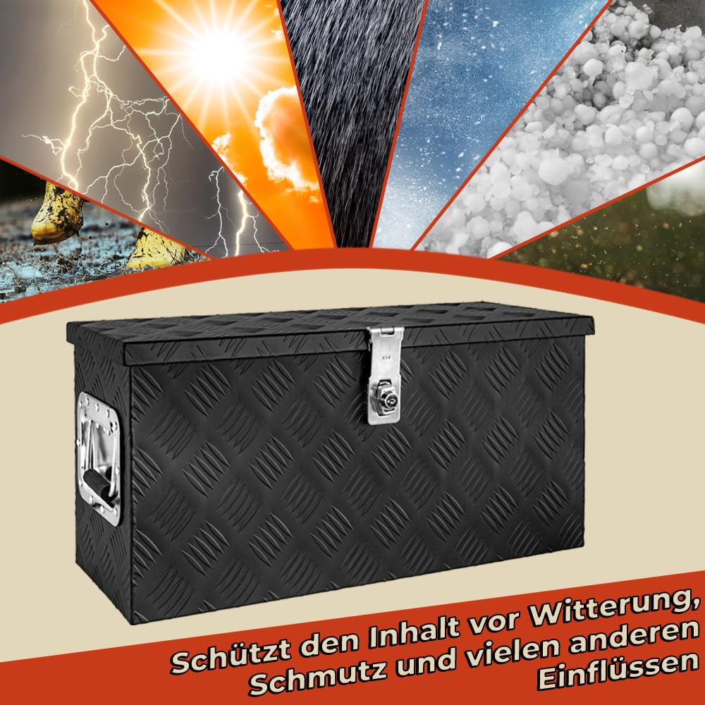 trucky Deichselbox Schwarz Werkzeugkasten Truckbox Alu Box Anhänger Kiste mit Deckel Abschließbar Alubox Transportbox Werkzeugbox Aluminium Aufbewahrungsbox