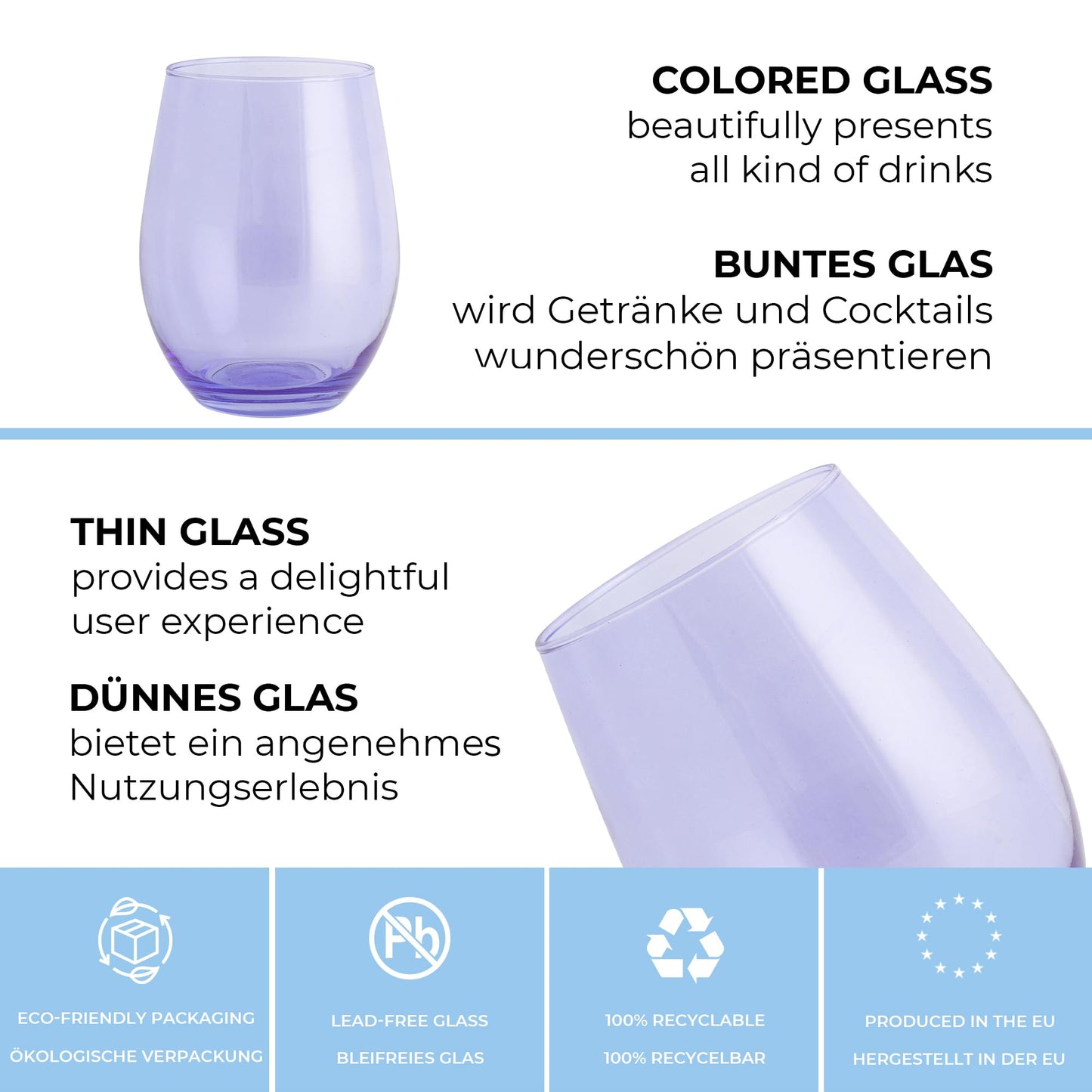 TREND FOR HOME Cocktailgläser 624 ml Bunte Gläser Set von 6 Sektgläser Longdrinkgläser Wassergläser Eiskaffee Bunt Dessertgläser Trinkgläser Groß Saftgläser | Phoebe Rainbow