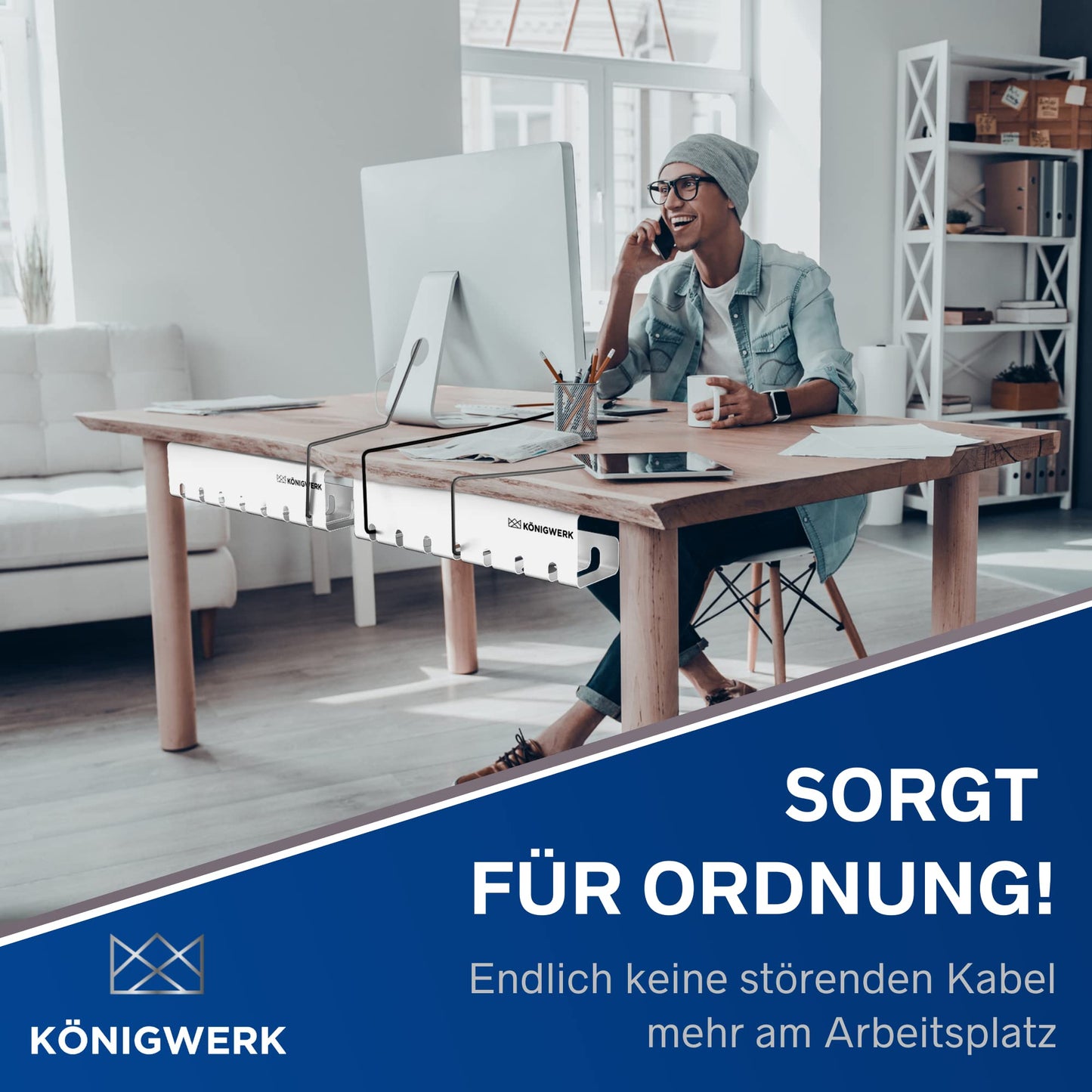 Königwerk Kabelkanal Schreibtisch fürs Kabel Management - Inkl. Zubehör - Tisch Kabelführung Kabelmanagement durch Kabelschacht - Cable Organizer Desk, Weiß