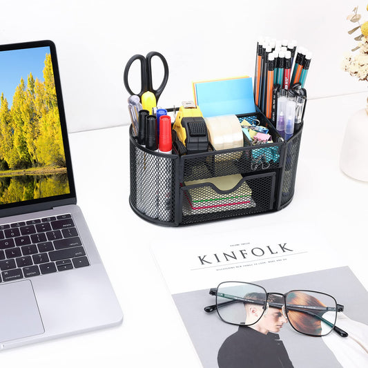 Schreibtisch Organizer, Mesh Metall Büro-Organizer mit Schublade und Stifthalter, 9 Sortierfächer für Stifte, Hefter, Ordnerklammern, Haftnotizen, Platzsparendes Desk Organizer Stifte Organizer