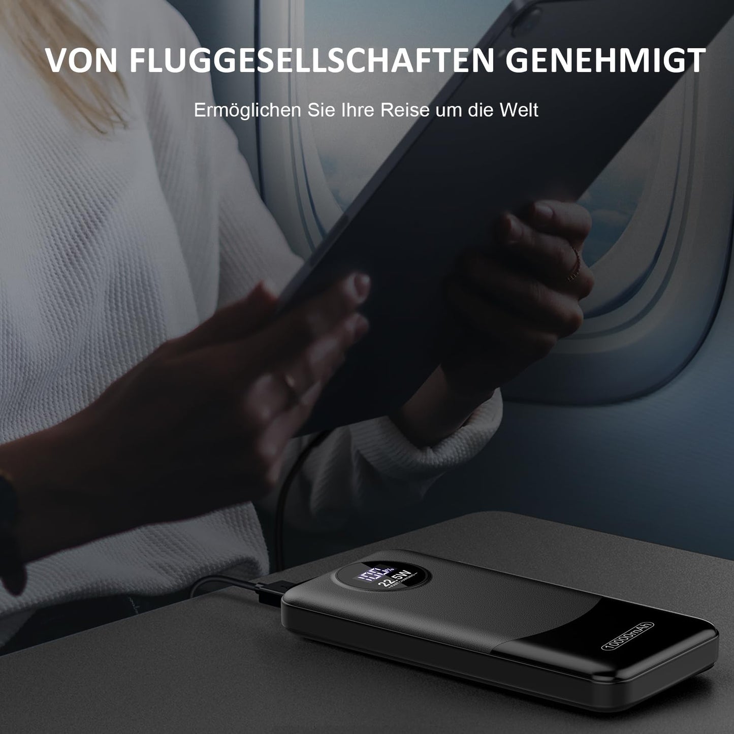 Power Bank 10000mAh, 22.5W PD QC 3.0 Schnelles Aufladen Powerbank USB C Ausgang&Eingang, Externer Akku stark mit 3 Anschlüsse und LED Anzeige, Tragbares Ladegerät für Harmony, iOS, Android (Schwarz)