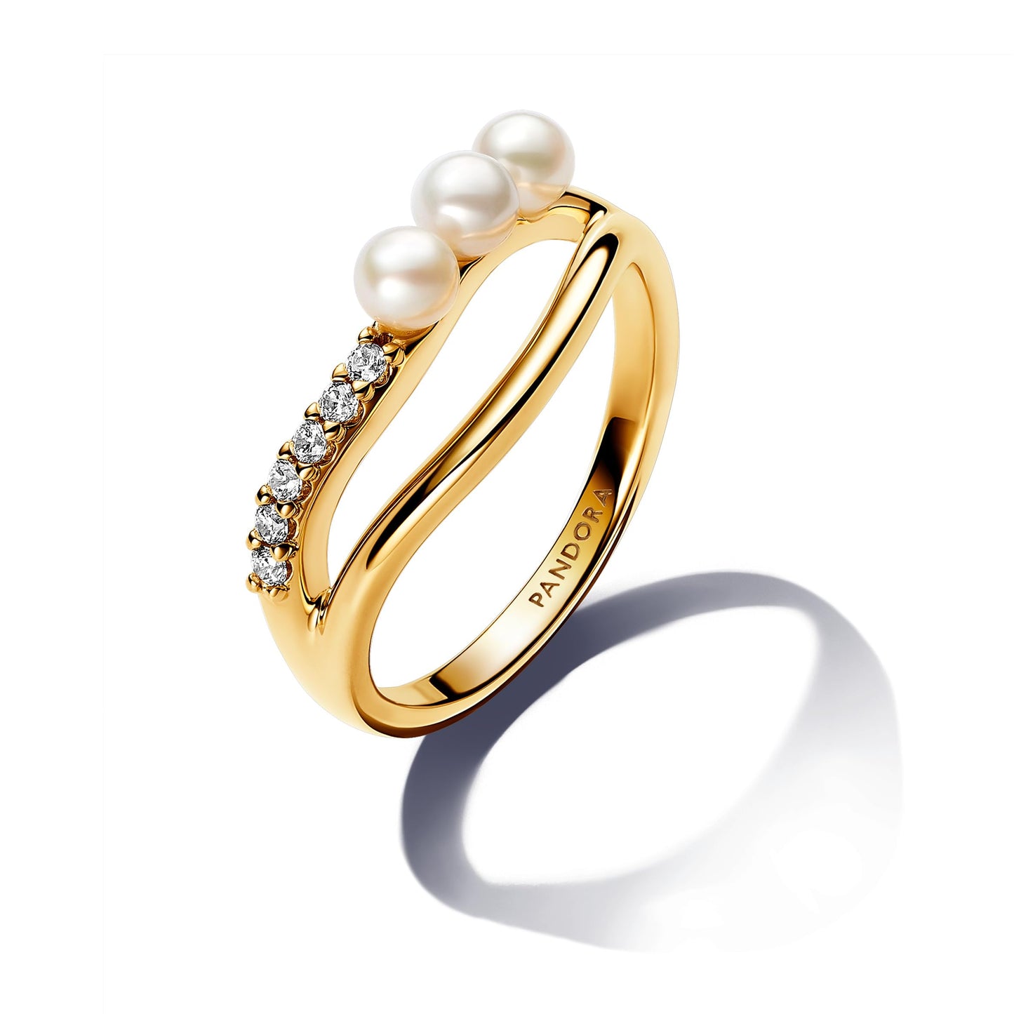 PANDORA Essence Behandelte Süßwasserzuchtperle & Organisch geformter Doppelband-Ring aus Sterling Silber mit vergoldeter Metalllegierung und Zirkonia, Größe: 54, 163258C01-54