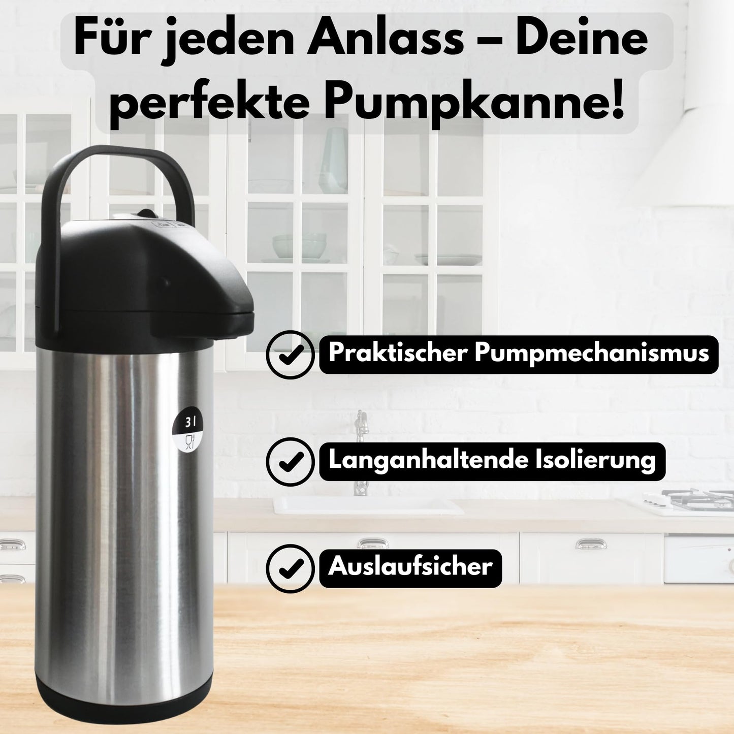 Airpot Pumpkanne 2,2l 3l oder 5l Isolierkanne Thermoskanne isolierte Kaffeekaraffe Kaffeekanne Gastro Kaffeespender auch für Camping aus Edelstahl & GRATIS-HLKauf-Block (3 Liter & 1x HLKauf-Block)