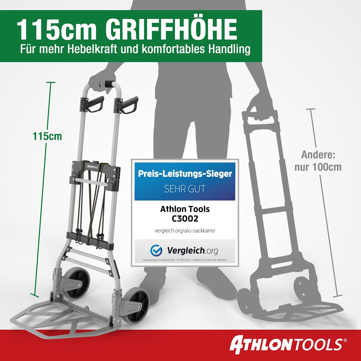 ATHLON TOOLS Schwerlast-Sackkarre klappbar 150 kg - Aluminium - Große Räder leichtgängig mit Soft-Laufflächen und Kugellager, 2 Expanderseile - Modell 2024