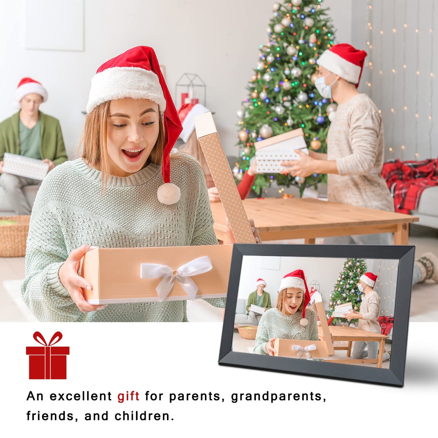 Aorpdd Digitaler Bilderrahmen WLAN 10.1 Zoll, HD IPS-Touchscreen Elektronischer Bilderrahmen mit 32 GB Speicher, Automatische Drehung, Teilen von Fotos oder Videos überall über Frameo App