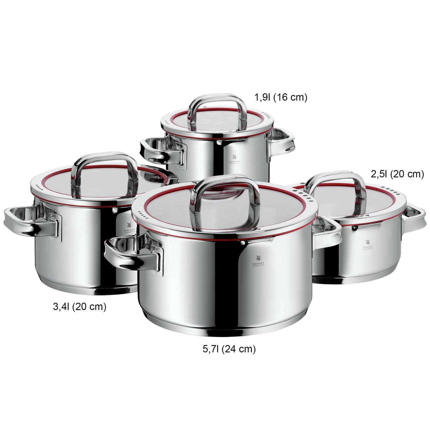 WMF Function 4 Topfset Induktion 4-teilig, Cromargan Edelstahl poliert, Glasdeckel mit 4 Abgießfunktionen, Induktionstöpfe, Innenskalierung