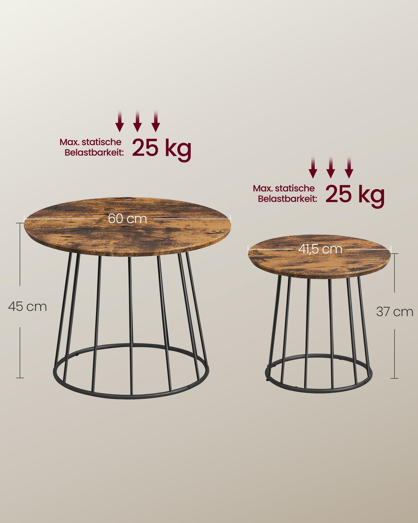 VASAGLE Couchtisch rund, 2er Set, modern, runder Beistelltisch, mit Stahlgestell, für Wohnzimmer, Schlafzimmer, vintagebraun LCT045K01