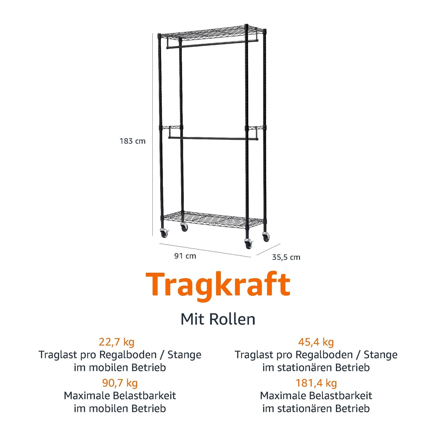 Amazon Basics Doppel-Kleiderstange Offen mit Rädern und Höhenverstellbaren Regalen - Maximalgewicht 181 kg, Schwarz, 91.0 x 35.5 x 183.0 cm (L x W x H)