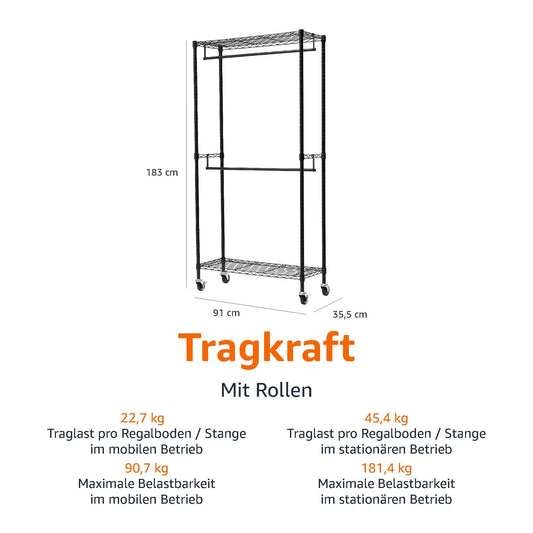 Amazon Basics Doppel-Kleiderstange Offen mit Rädern und Höhenverstellbaren Regalen - Maximalgewicht 181 kg, Schwarz, 91.0 x 35.5 x 183.0 cm (L x W x H)