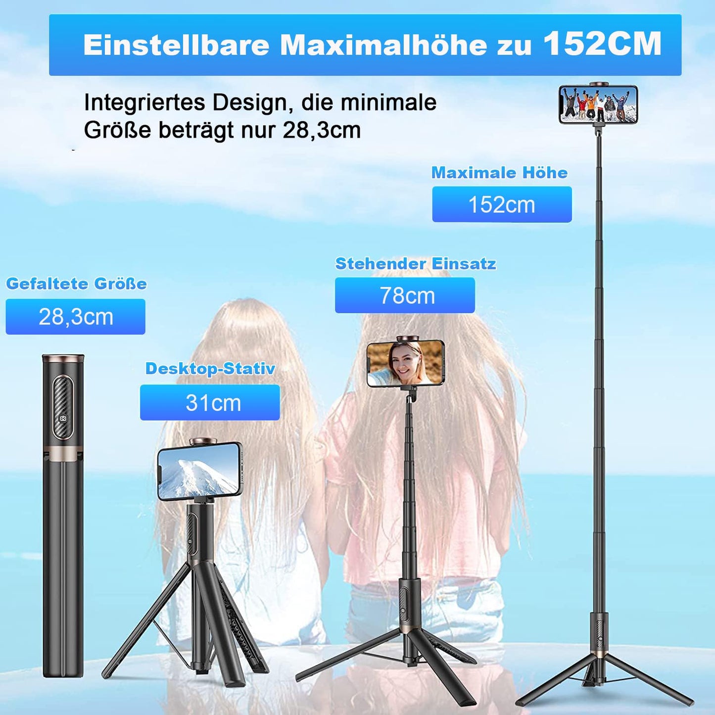 TONEOF 152CM Selfie Stick Stativ, Ausziehbar All-in-1 Handy Stativ aus Aluminium mit Kabelloser Fernbedienung und 9 Teleskopstange,Drehbar Handyhalter für iPhone/Android-Schwarz