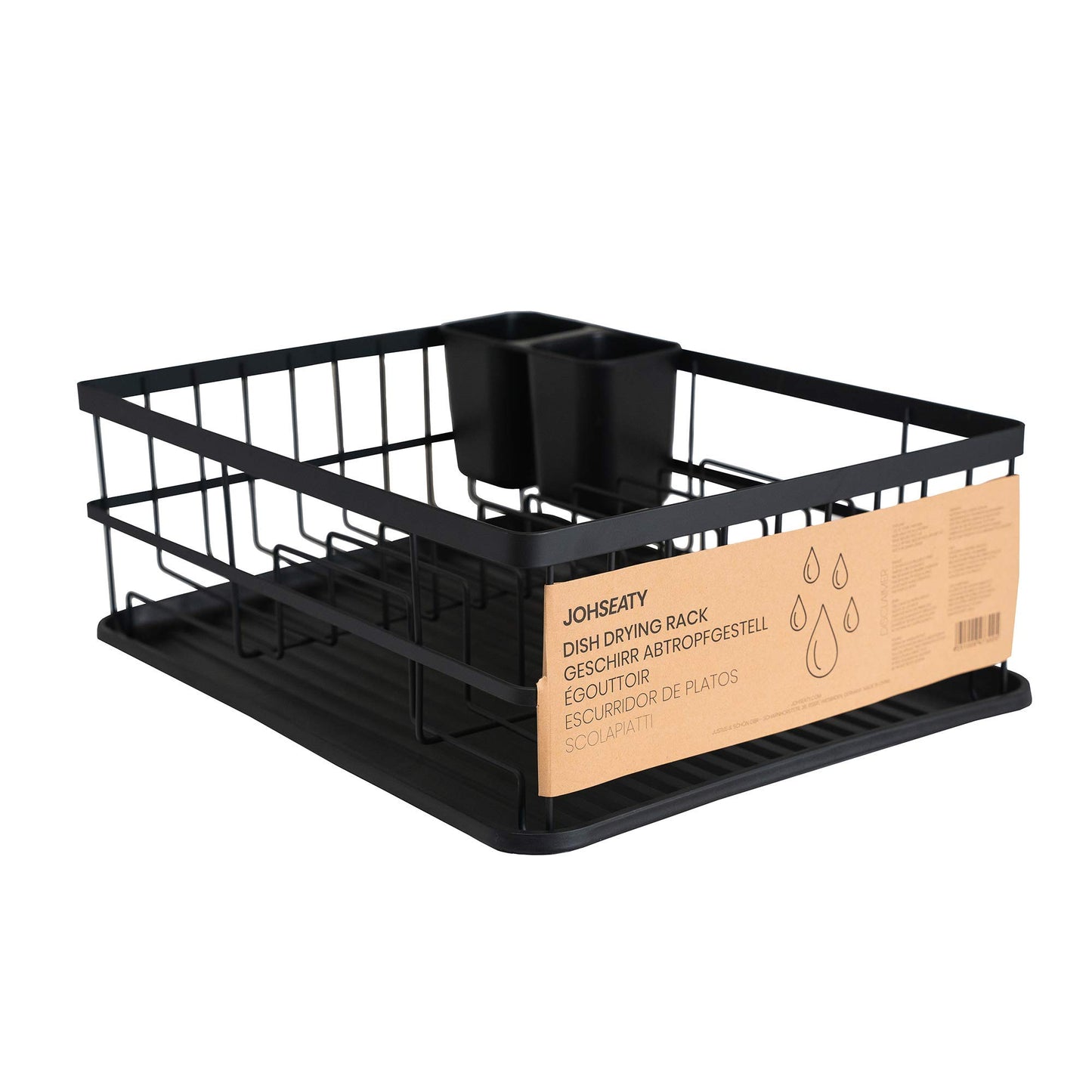 JOHSEATY Abtropfgestell Geschirr Schwarz Matt Metall (42x31,5x15,5cm) Geschirrabtropfgestell mit Besteck Halterung und Abtropfschale aus Plastik für die Spüle Geschirr Abtropfständer