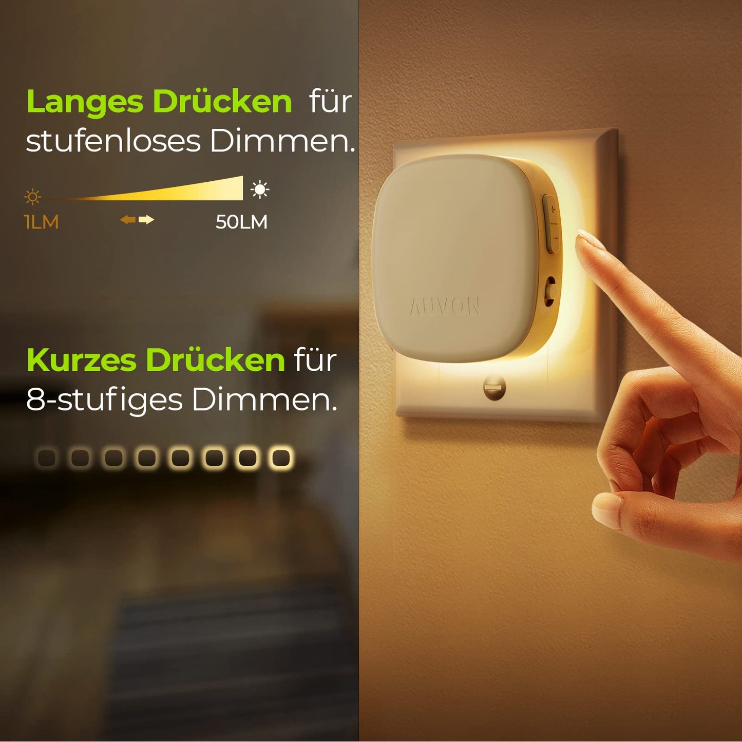 AUVON Nachtlicht Steckdose mit Bewegungssensor und Dämmerungssensor, 2 Stück Warmweißes LED hinterleuchtete Nachtlicht mit 1-50 lm, Helligkeit Einstellbar für Flur, Treppe, Schlafzimmer