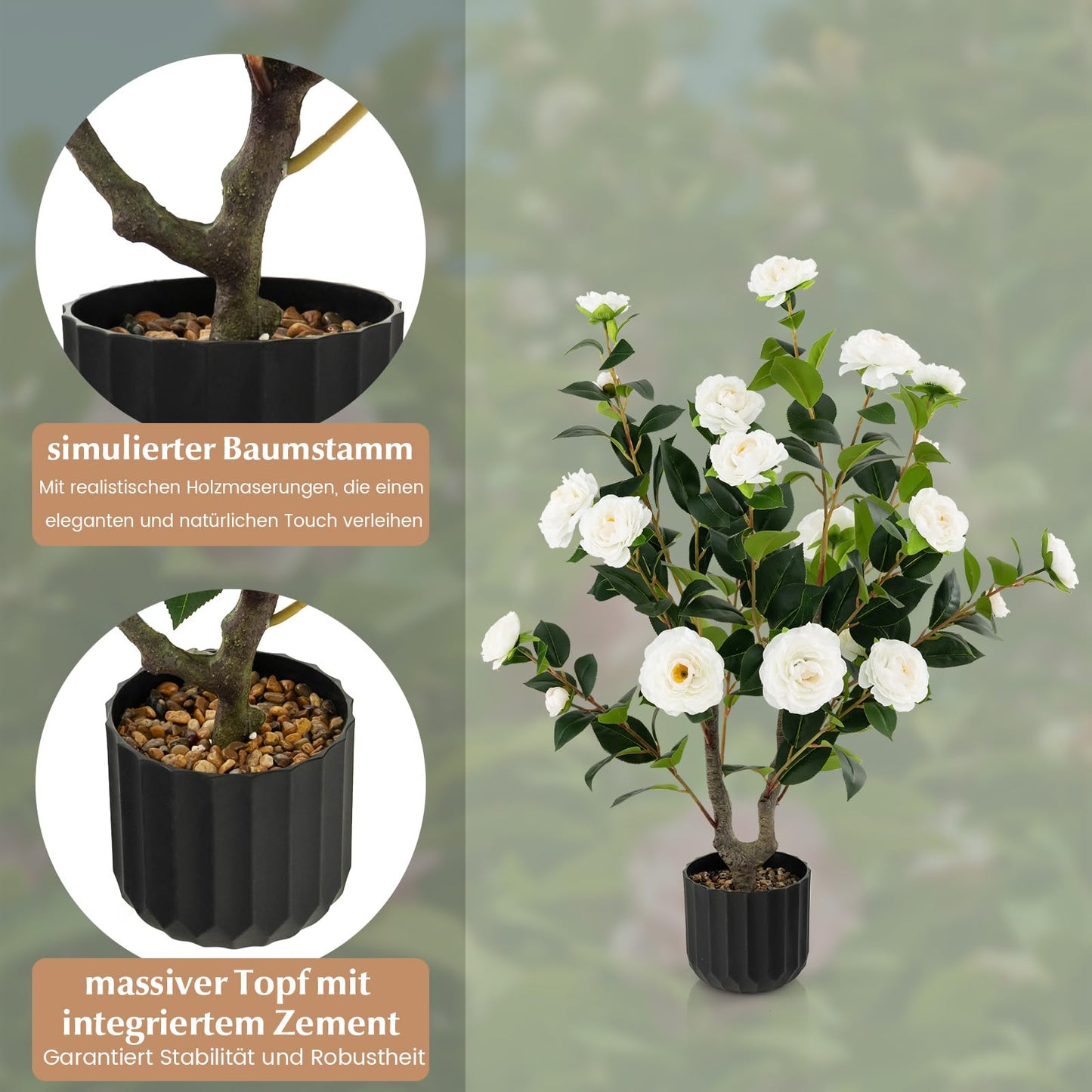 COSTWAY 2er Set Kunstbaum mit Blüten 95cm, Künstlicher Kamelienbaum, Kunstpflanze im Topf, Kamelienpflanze mit 24 Blüten & natürlicher Stamm, Kunstblume Zuhause, Zimmerpflanze Dekopflanze (2, Weiß)