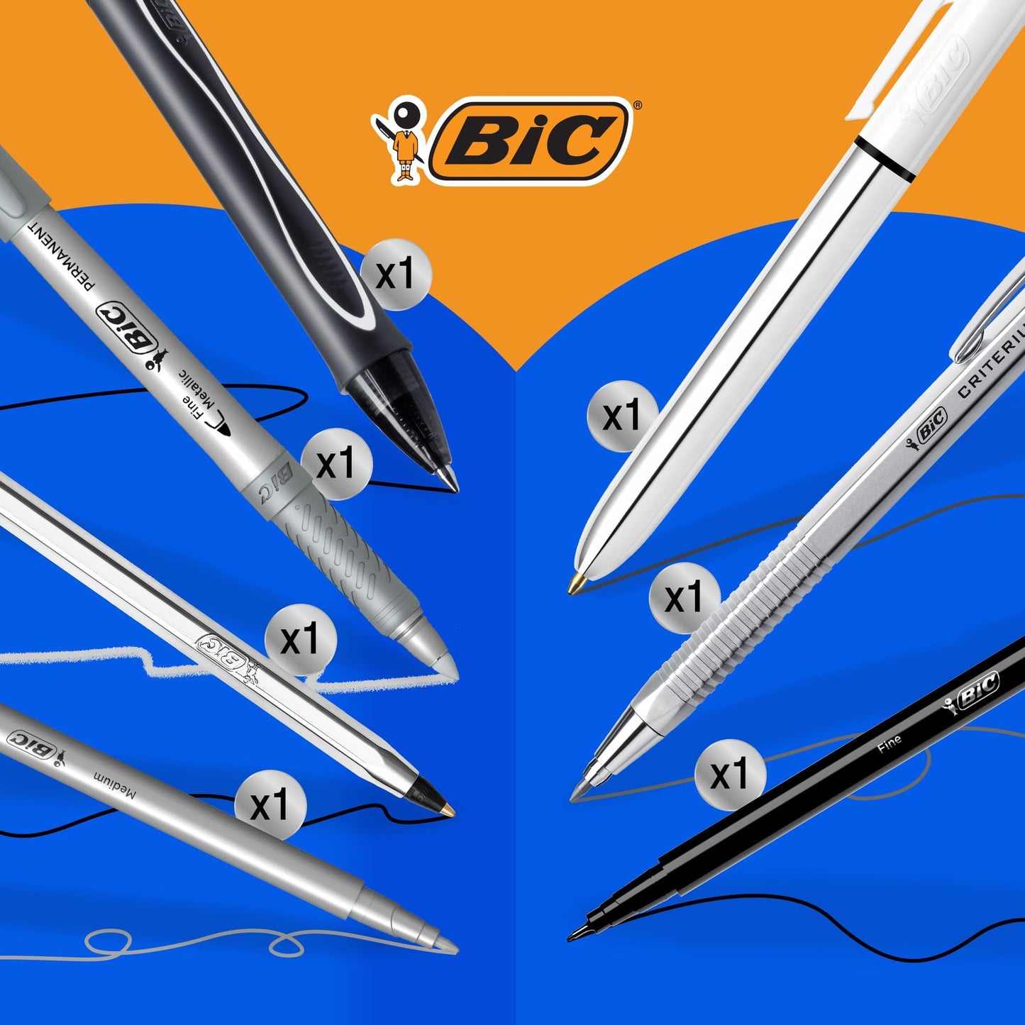 BIC Schreibwaren Set à 8: 2 Kugelschreiber, 1 Notizbuch, 1 Fineliner, 1 Bleistift, 1 Druckbleistift, 1 Marker und 1 Gelroller, Silver Set