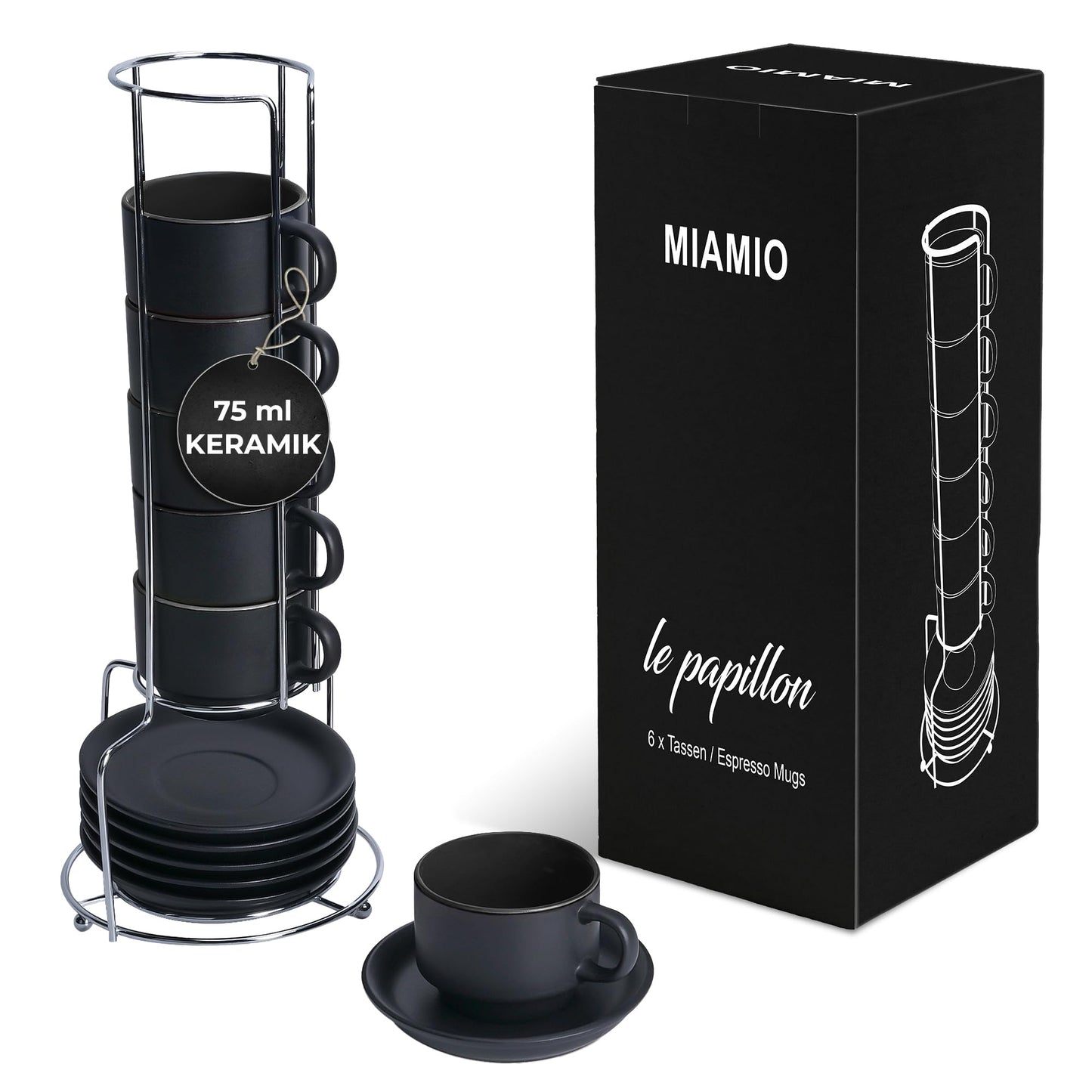 MIAMIO - 6 x 75 ml Espressotassen Set/Espresso Tassen Set mit Untertasse & Ständer - Kaffeetassen Set 6er Kaffeebecher Keramik - Le Papillon Kollektion (Schwarz)