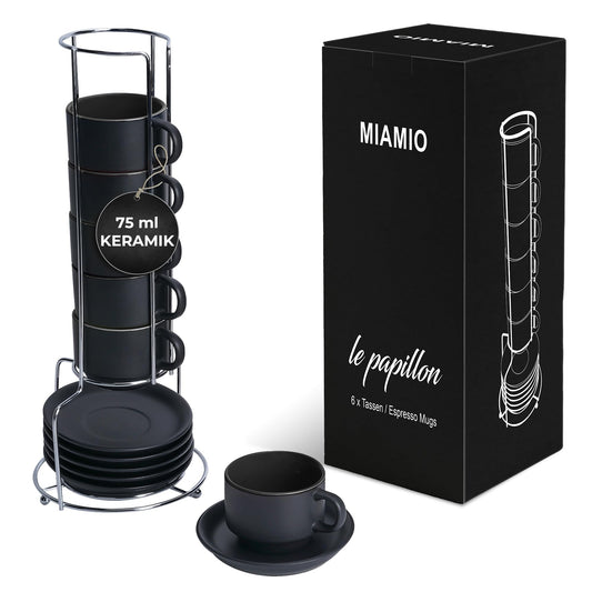 MIAMIO - 6 x 75 ml Espressotassen Set/Espresso Tassen Set mit Untertasse & Ständer - Kaffeetassen Set 6er Kaffeebecher Keramik - Le Papillon Kollektion (Schwarz)