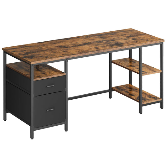 VASAGLE Computertisch, Bürotisch, Schreibtisch, mit 3 Ablagen, 2 Schubladen, 160 x 60 x 76 cm, fürs Büro, Wohnzimmer, Industrie-Stil, vintagebraun-schwarz LWD105K01