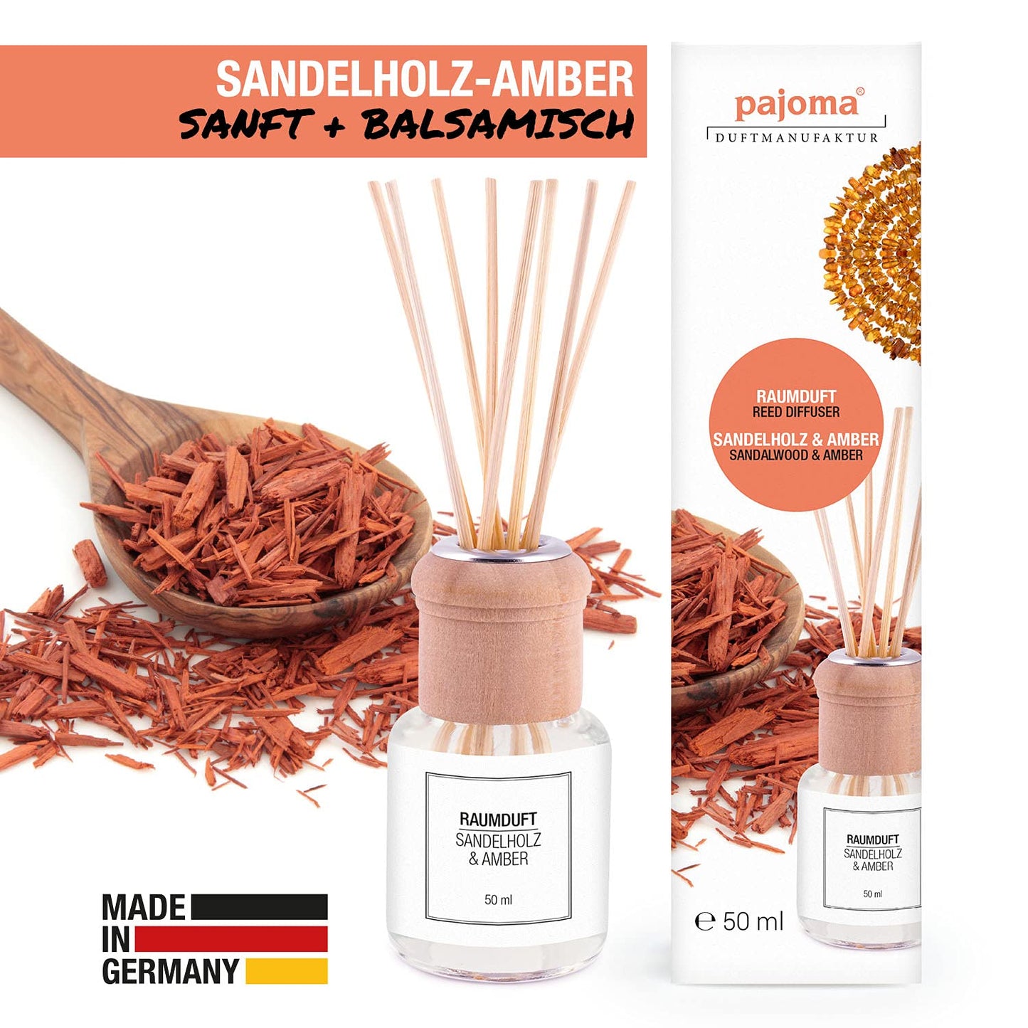 pajoma Raumduft Set, 4 x 50ml Raumdüfte Made in Germany Lavendel, Sandelholz & Amber, Vanille, Lemongras, Raumerfrischer