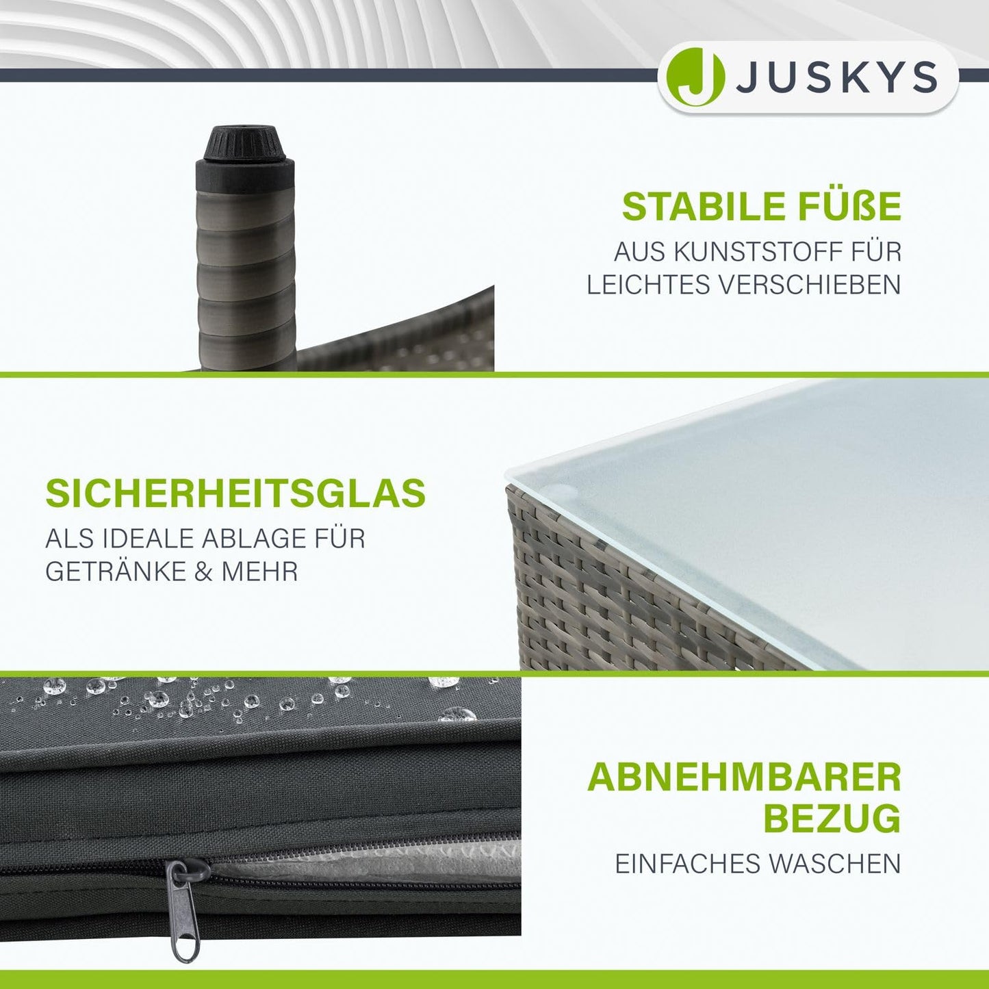 Juskys Polyrattan Sitzgruppe Fort Myers 4er-Set Grau-Meliert, Wetterfestes Gartenmöbel-Set mit Sofa, Stühlen, Tisch und Kissen