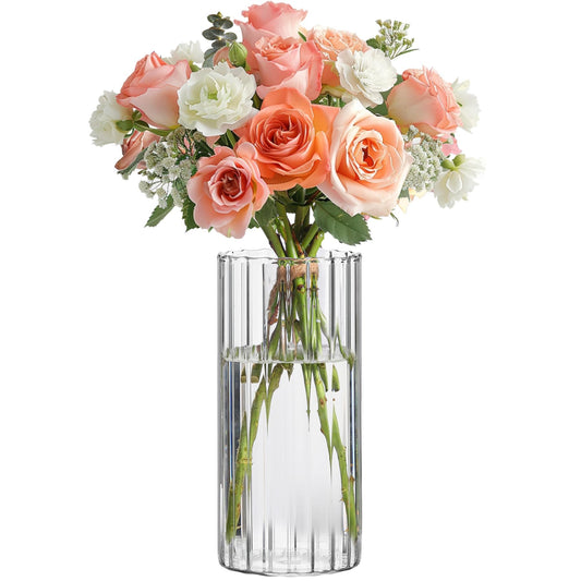 ComSaf Kleine Vasen Deko für Tischdeko, Modern Blumenvase Glas, Mini Vase Tulpen Set, Glasvase Zylinder Rund Gross, Tulpenvase für Tulpen, Pampasgras, Orchideen, Rosen, 20 cm Hoch, Transparent