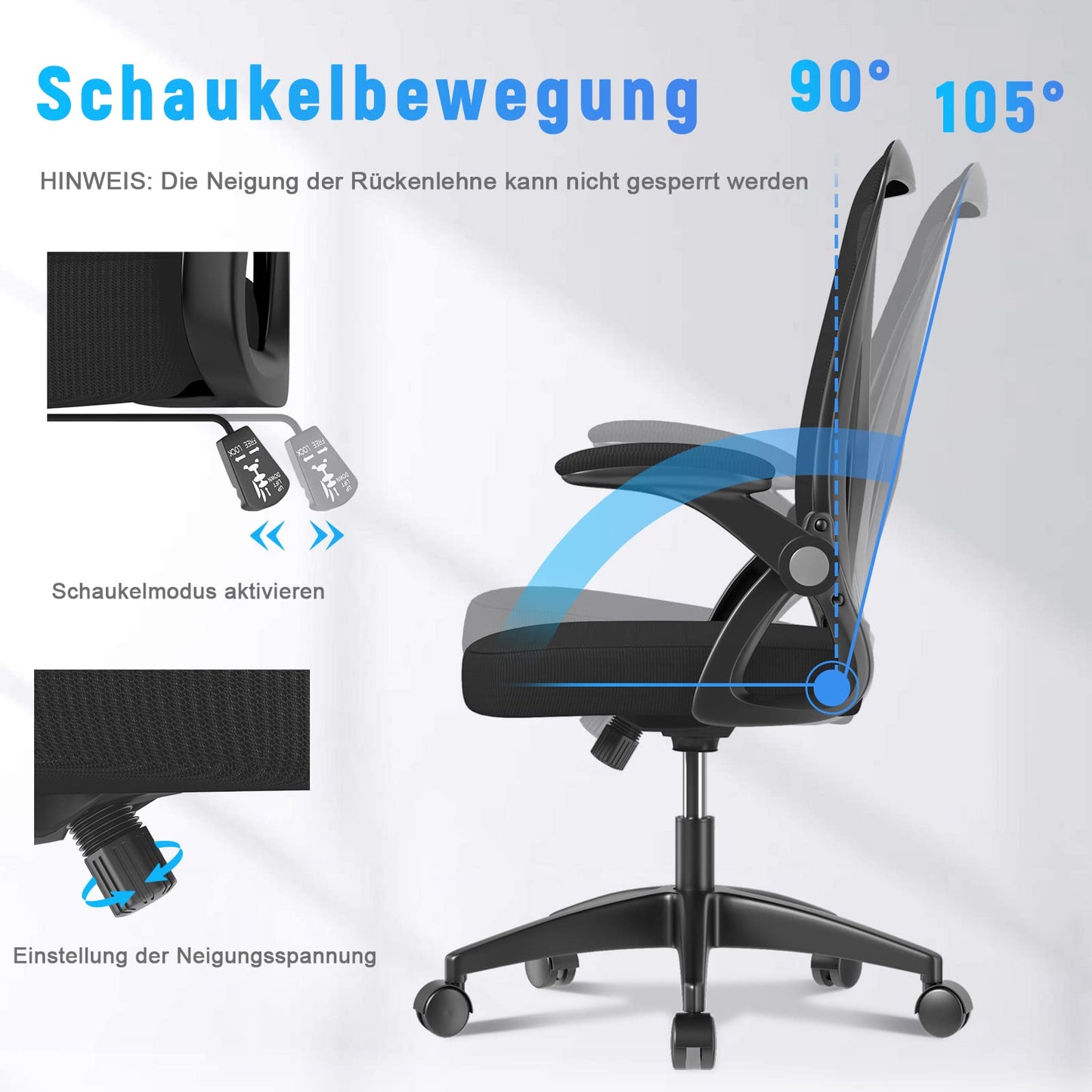 naspaluro Bürostuhl mit Verstellbaren Armlehnen, Ergonomischer Schreibtischstuhl mit Netzbespannung, Lordosenstütze, Höhenverstellbarer, Gepolstertem Sitzkissen, 360° Drehstuhl, Schwarz