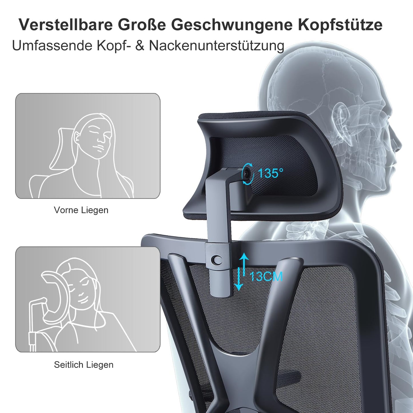 Ticova Bürostuhl Ergonomisch Schreibtischstuhl, Hoher Rücken Ergonomischer Stuhl mit Verstellbarer Lendenwirbelstütze, Kopfstütze & 3D-Metallarmlehne - 130° Schaukeln Computerstuhl