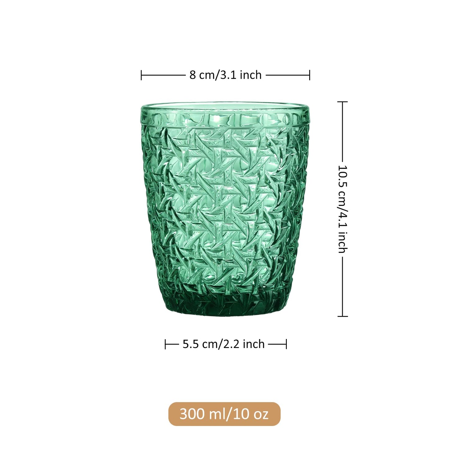 Joeyan 300ml Grün Gläser Set 6 Teilig,Vintage Trinkgläser Bunt mit Geprägtem Design,Farbig Wassergläser Spülmaschinenfest