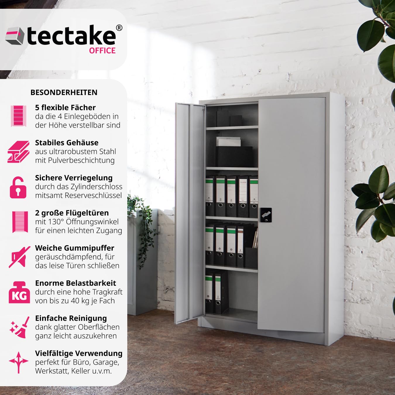 tectake® Aktenschrank, Büroschrank abschließbar, Mehrzweckschrank aus Stahl, Allzweckschrank mit 2 Türen, inkl. 3 höhenverstellbare Einlegeböden, Aktenschrank abschließbar 180x80x40 cm - grau