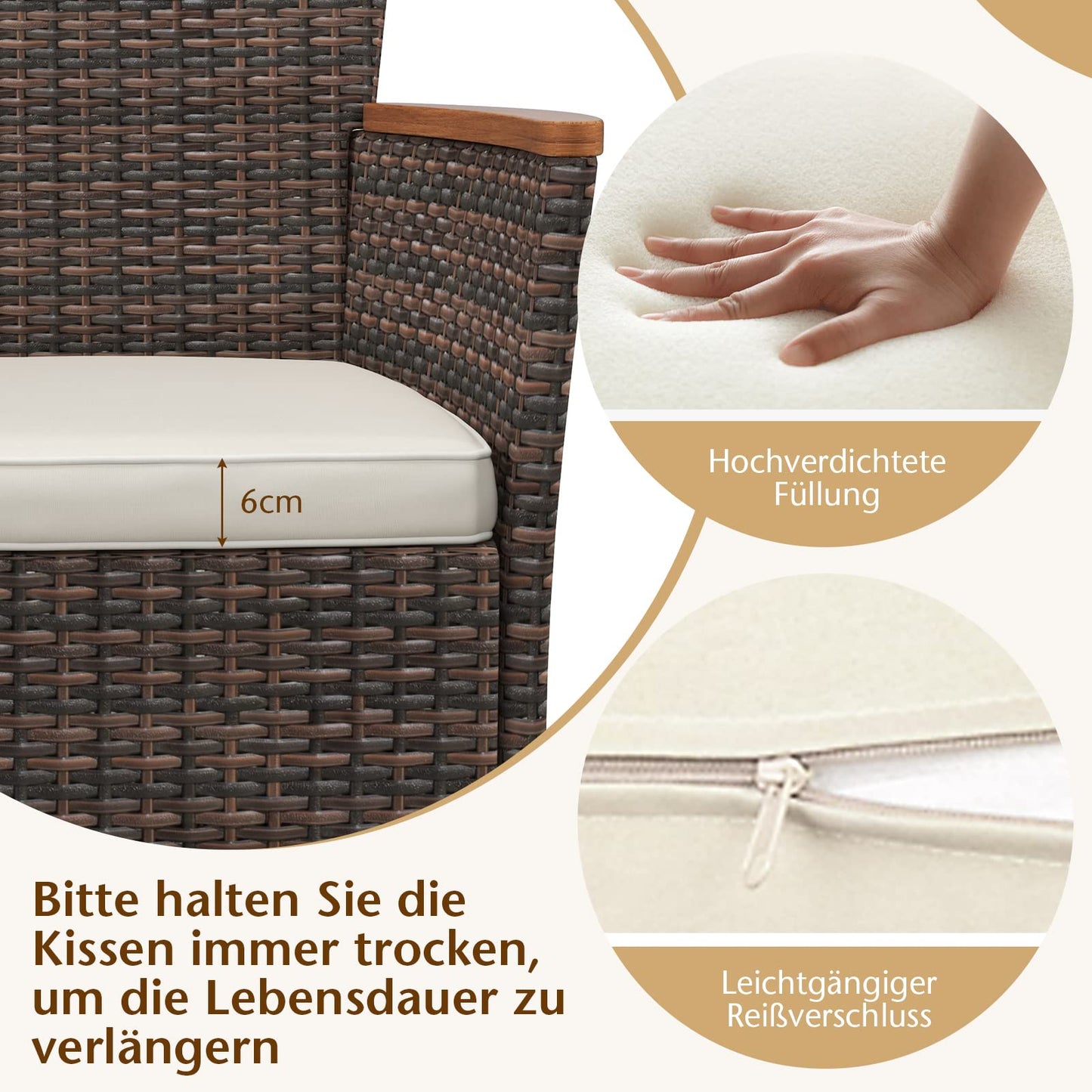 COSTWAY 7 TLG. Rattan Gartenmöbel Set, Sitzgruppe für 6 Personen, Gartentisch mit Tischplatte aus Akazienholz, 6 stapelbare Stühle & Kissen, Terrassenmöbel Set, Gartengarnitur, Sitzgarnitur, Essgruppe
